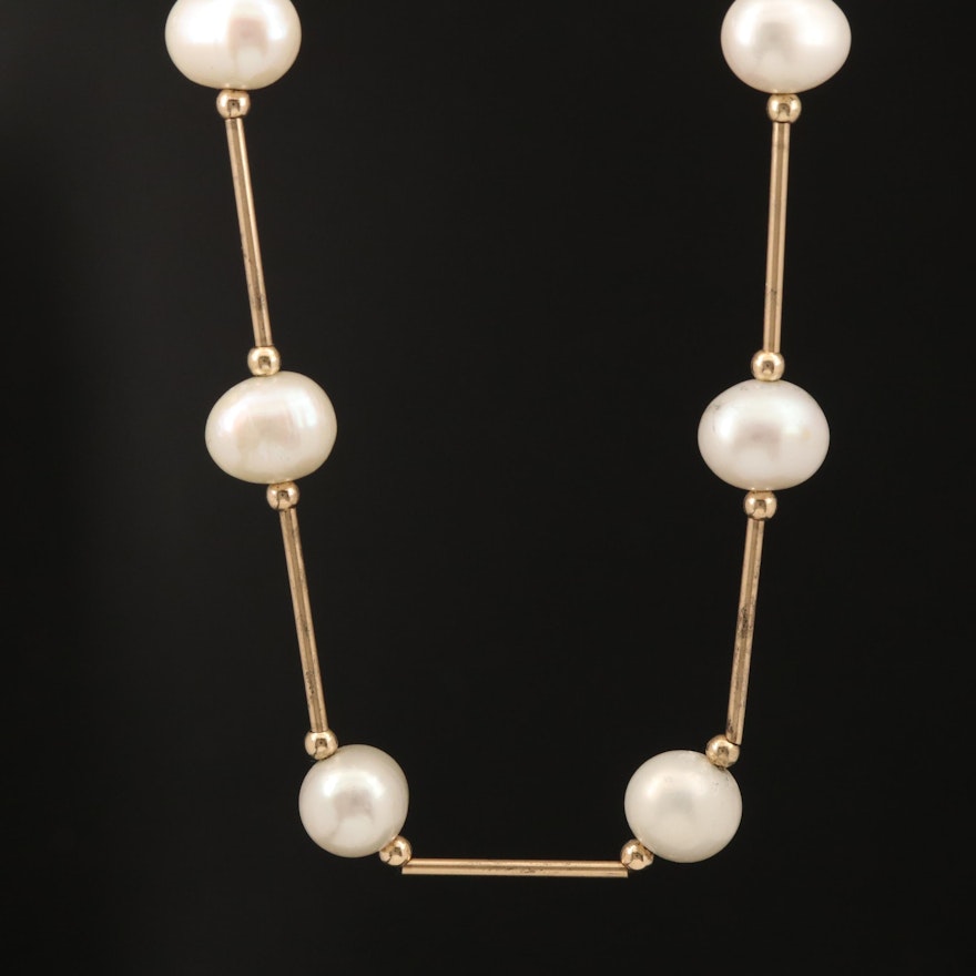 14K Pearl Bead and Bar Link Station Necklace