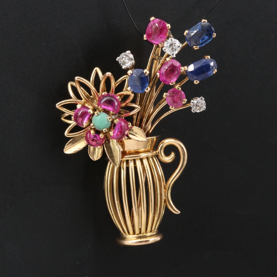 Vintage 18K Diamond and Gemstone Floral Vase Brooch