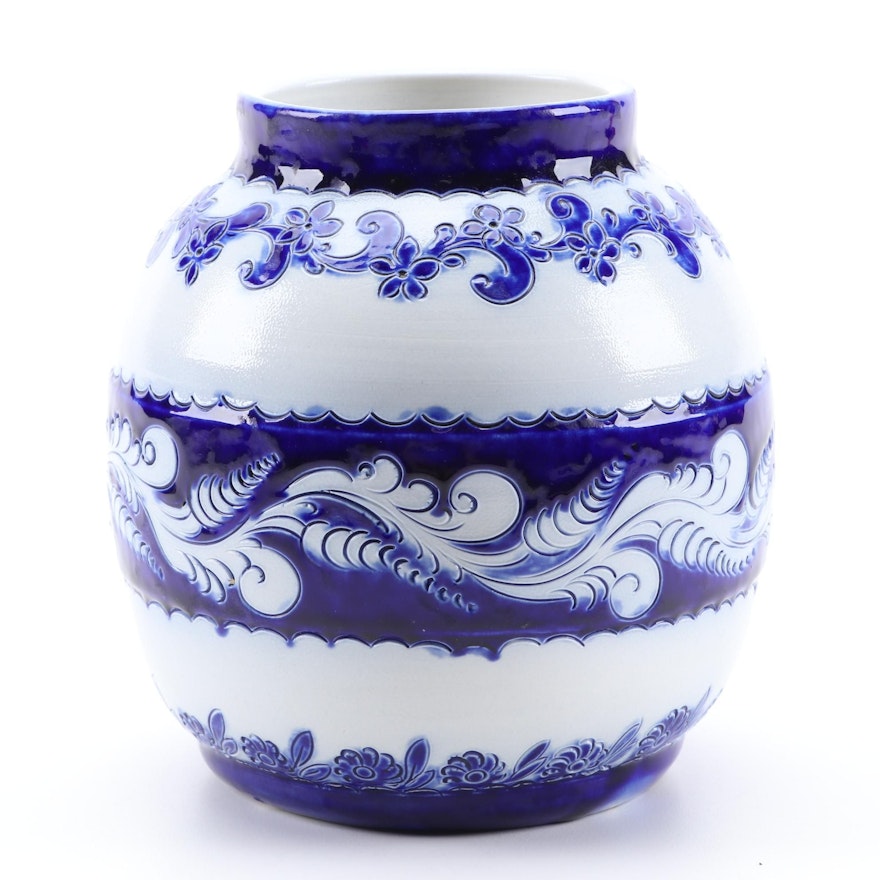 French Pottery Remmy M.M. Blue and White Salt Glazed Stoneware Vase