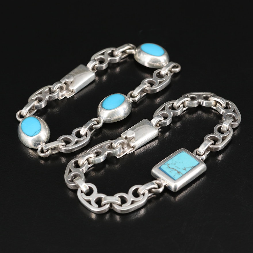 Mexican Sterling Fancy Link Bracelets Including Faux Turquoise