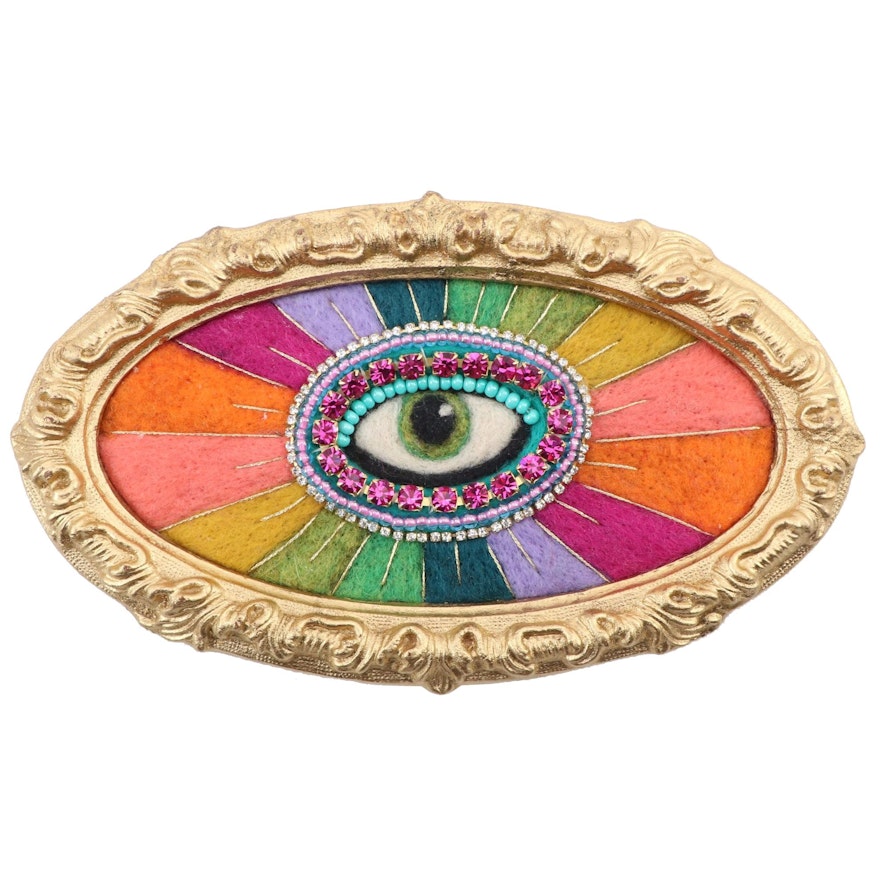 Sarah Miller Fiber Art Wall Hanging of Mystic Eye "Rainbow Bright", 2021