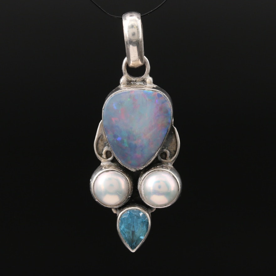 Sterling Opal Doublet Pendant with Accents of Pearl and Topaz