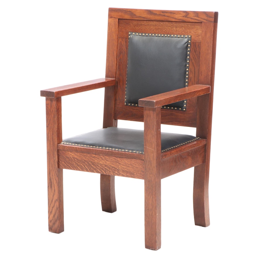 Quartersawn Oak and Brass-Tacked Leather Armchair, Early to Mid 20th Century