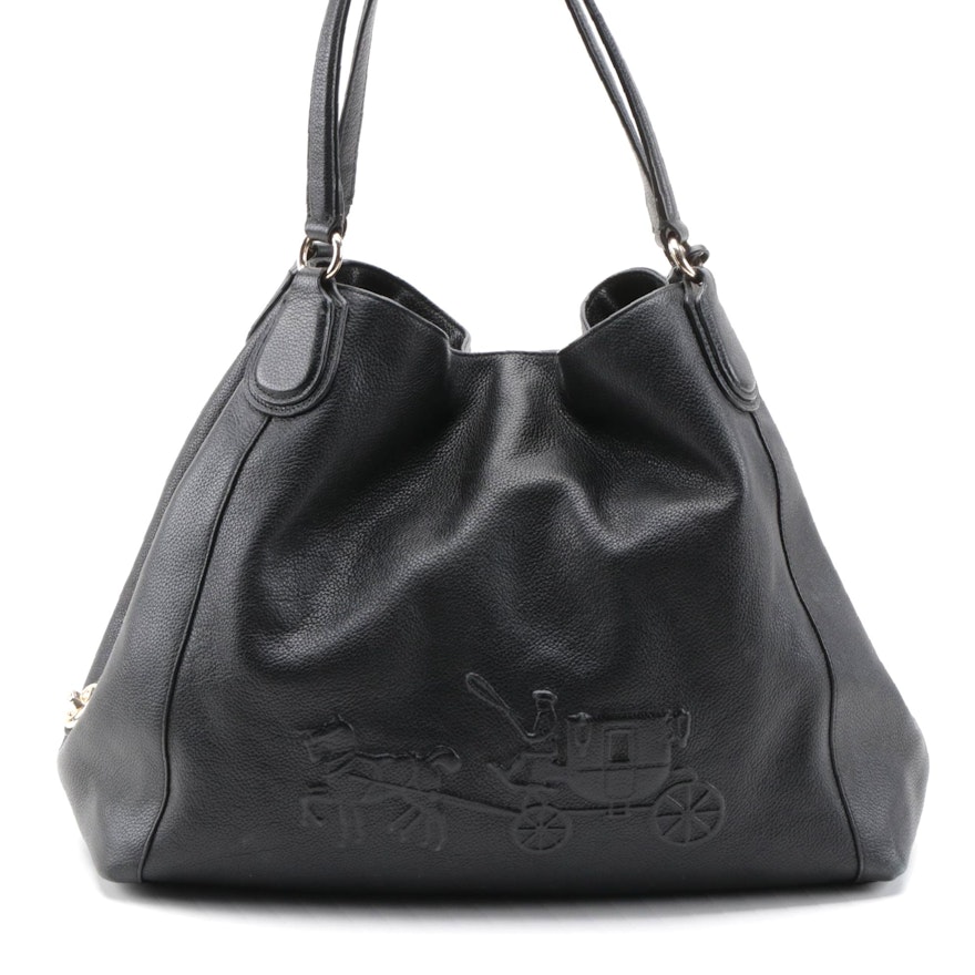 Coach Edie Black Pebbled Leather Shoulder Bag with Embossed Horse and Carriage