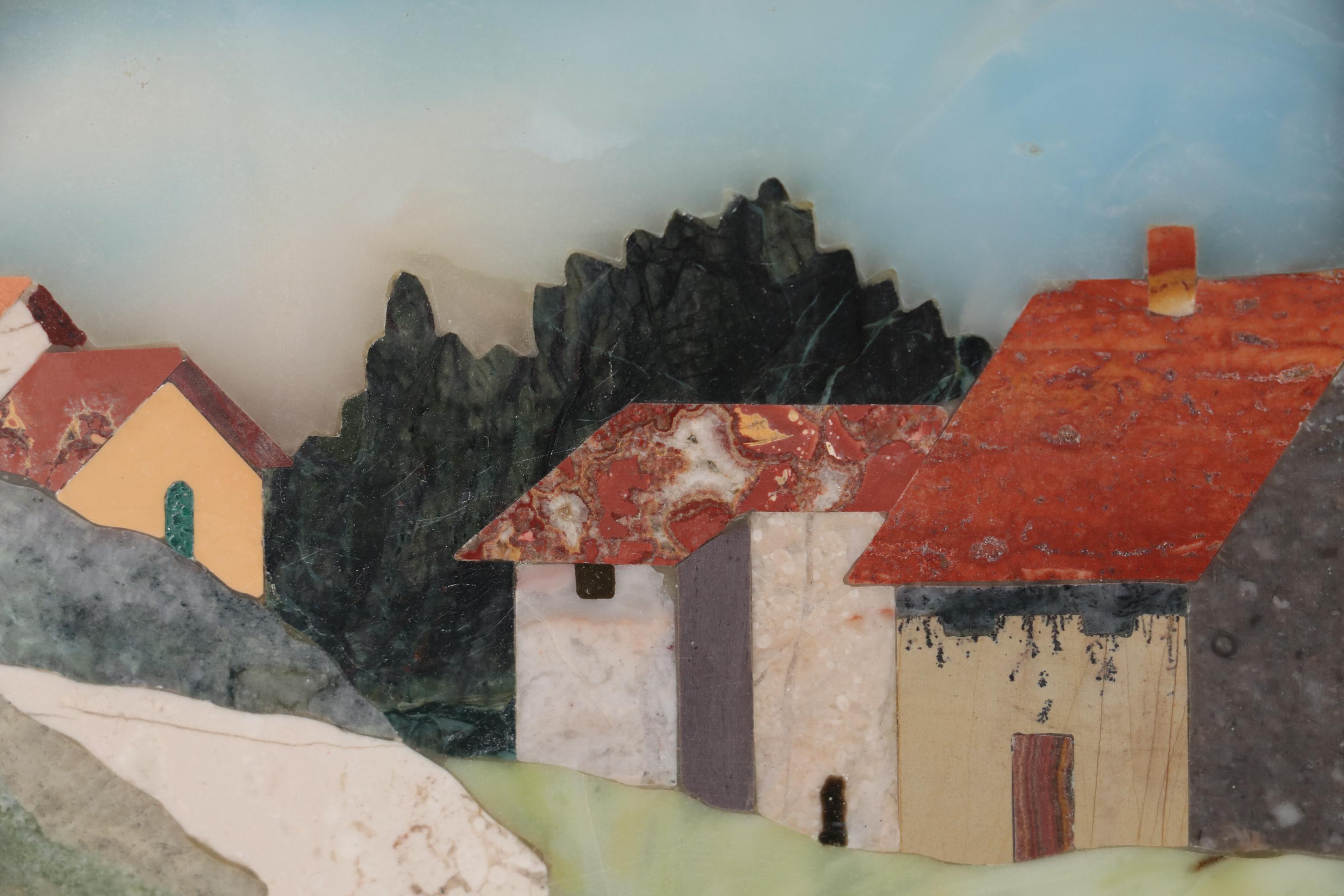 La Bottega del Mosaico Semiprecious Stone Mosaic of Village, Late 20th Century