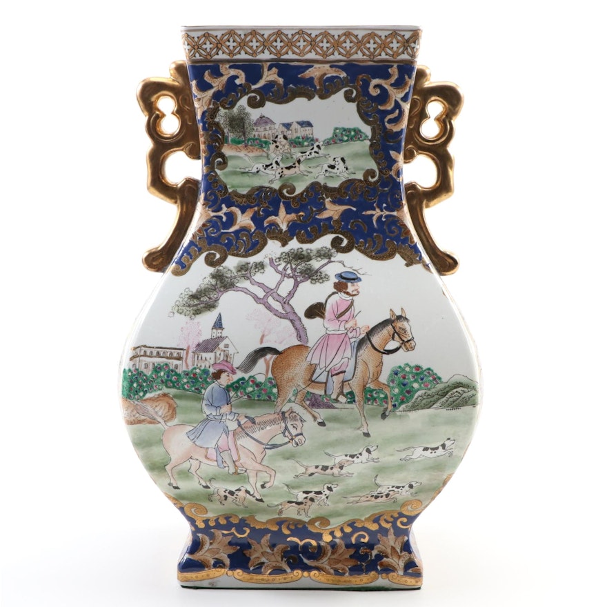 Chinese Export Style Ceramic Vase with European Hunting Scene, Mid-Late 20th C.