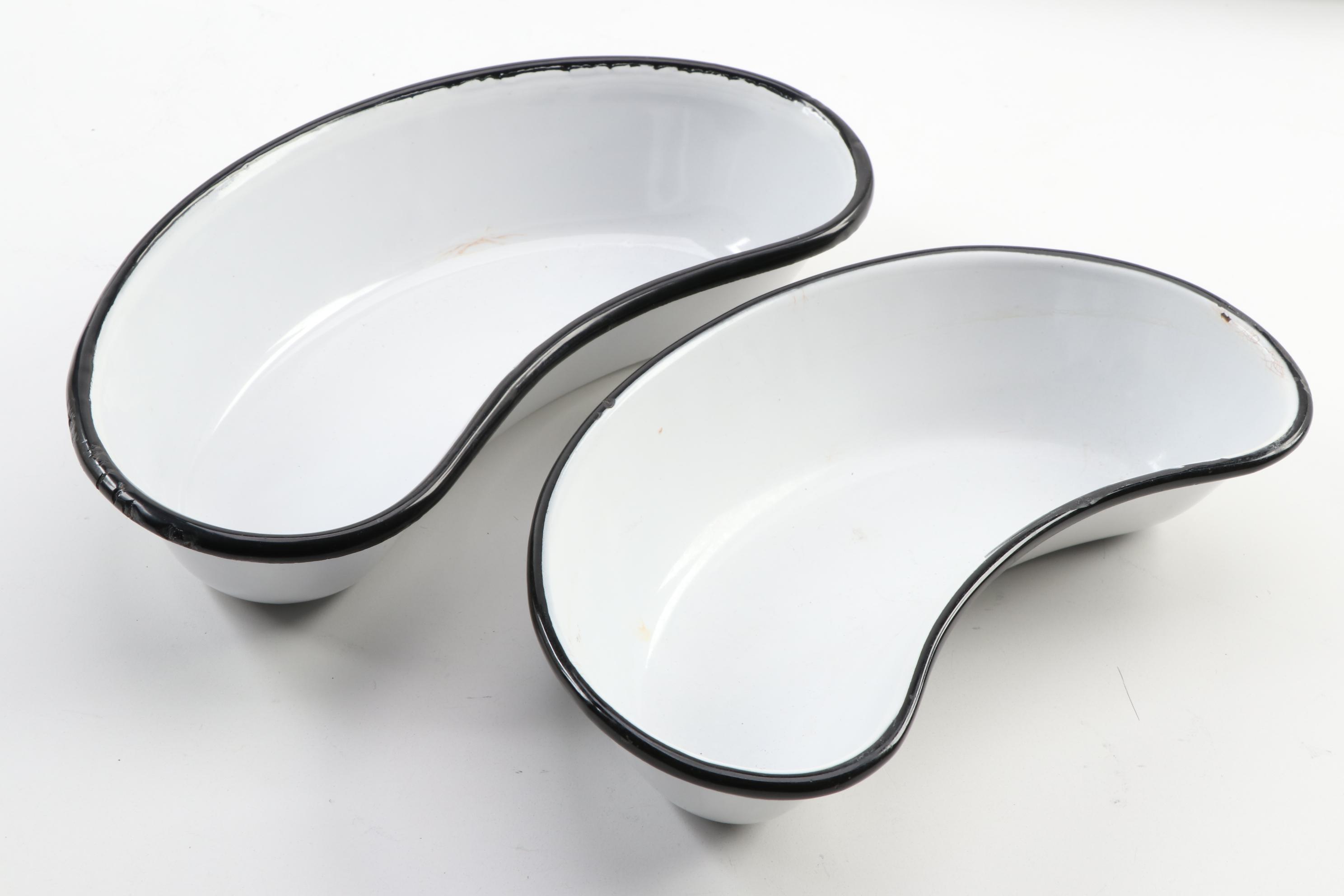 Vollrath Pan and Other White Enamelware with Metal Kleenex Box