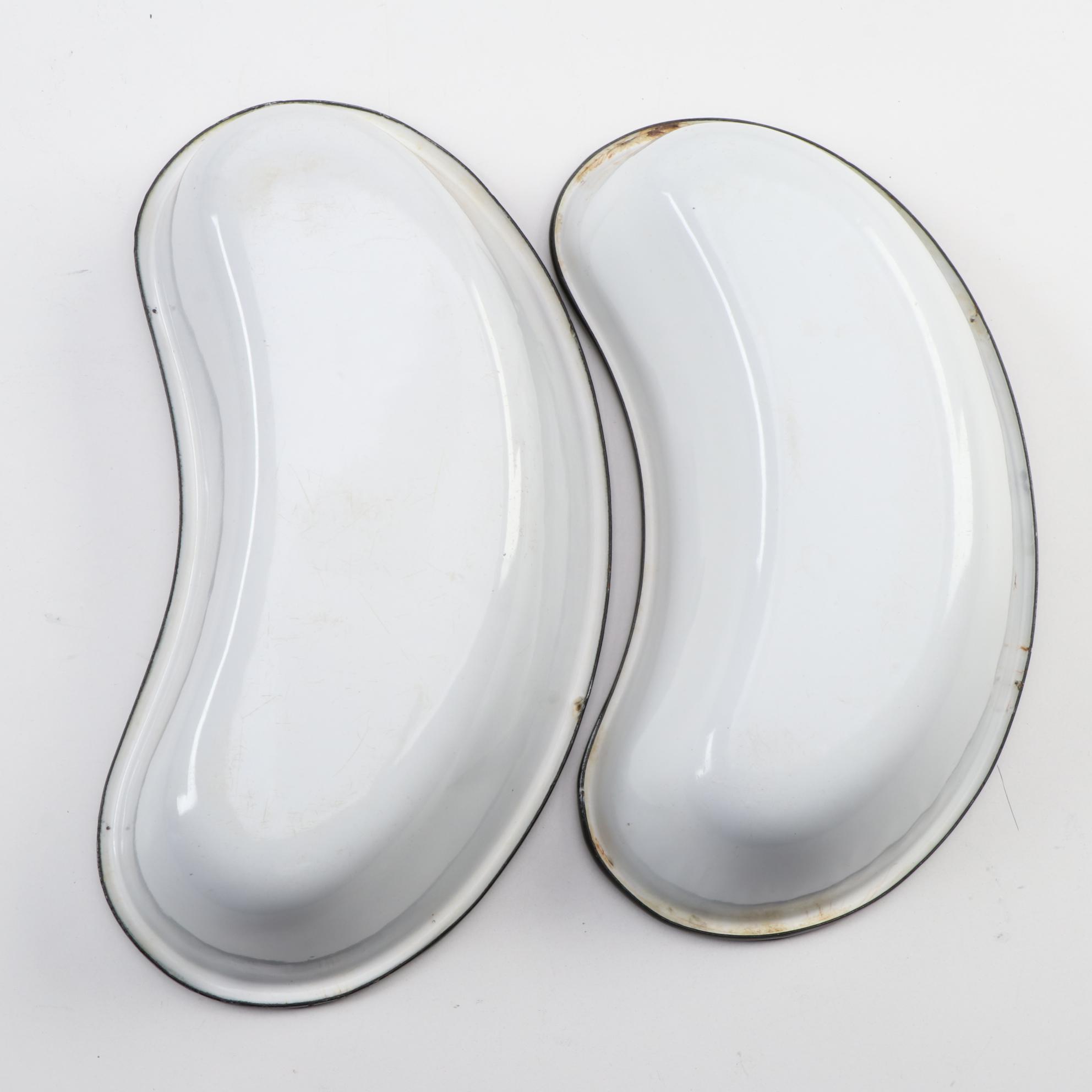 Vollrath Pan and Other White Enamelware with Metal Kleenex Box