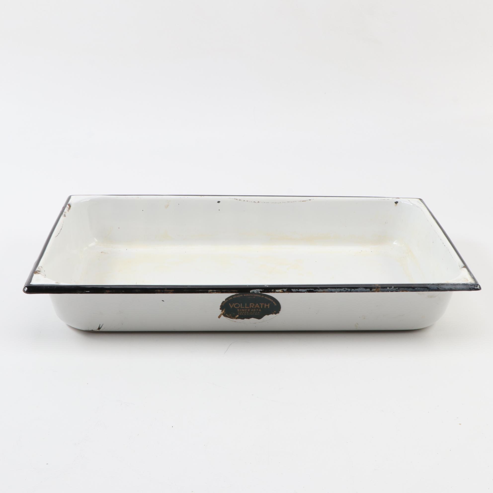 Vollrath Pan and Other White Enamelware with Metal Kleenex Box