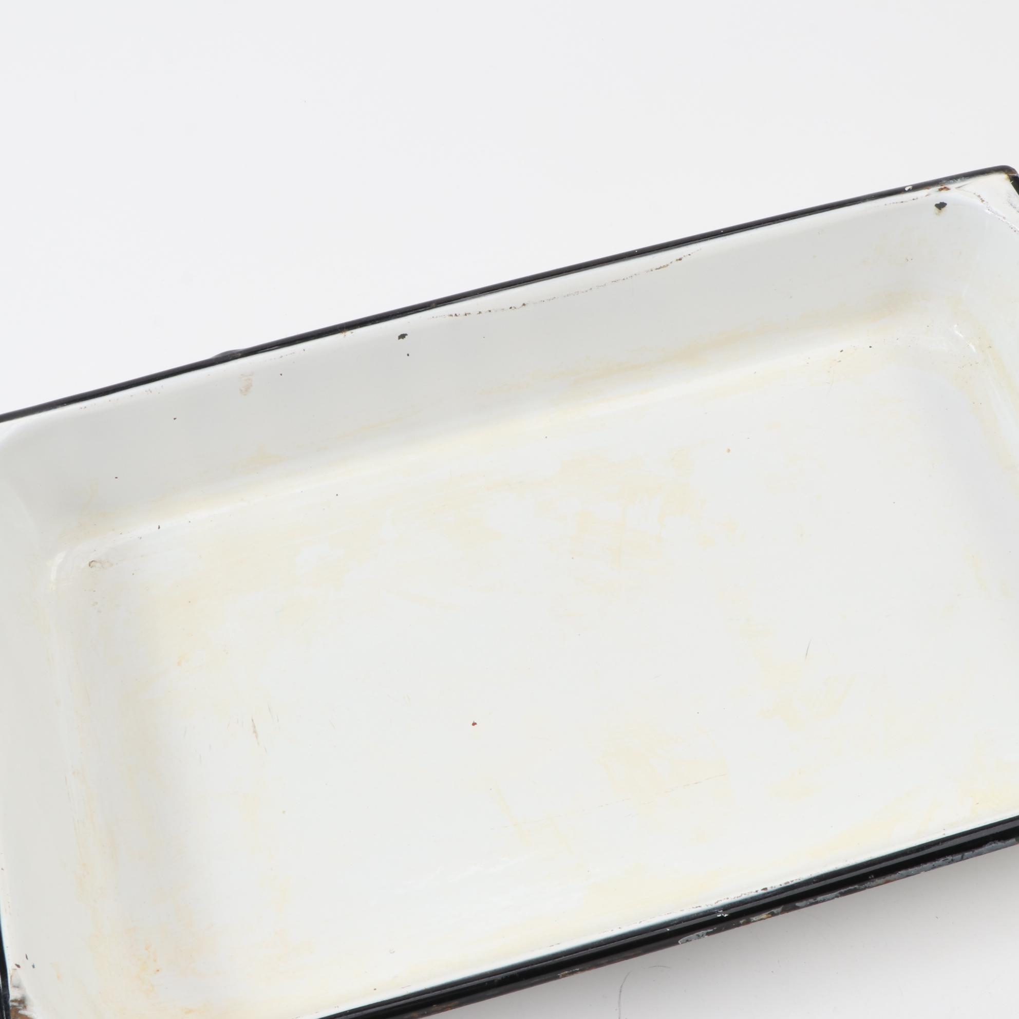 Vollrath Pan and Other White Enamelware with Metal Kleenex Box