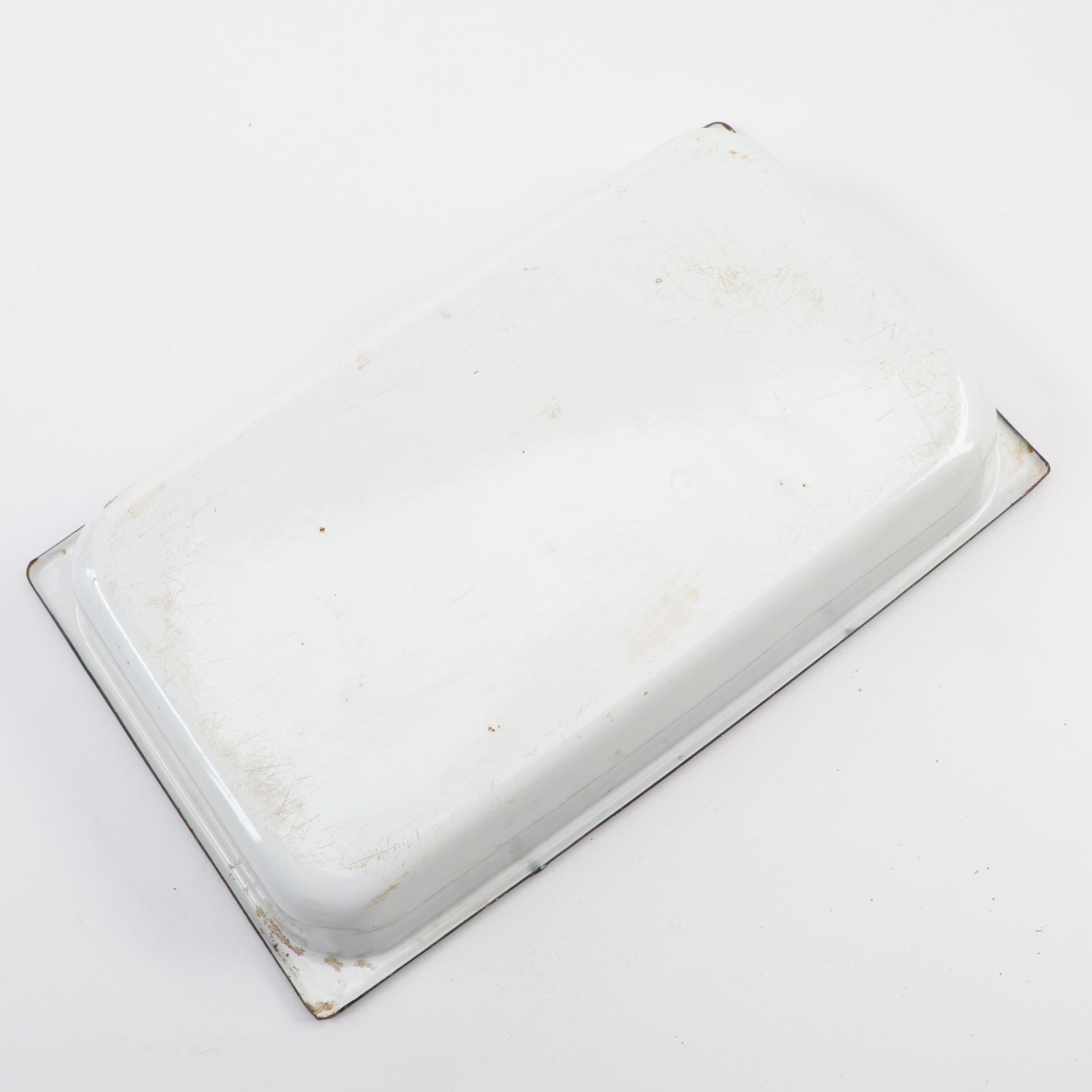 Vollrath Pan and Other White Enamelware with Metal Kleenex Box