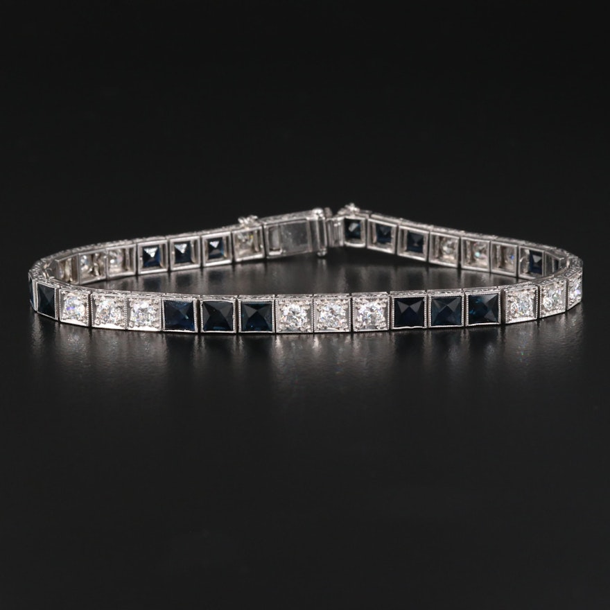 Art Deco Platinum 2.40 CTW Diamond and Sapphire Link Bracelet