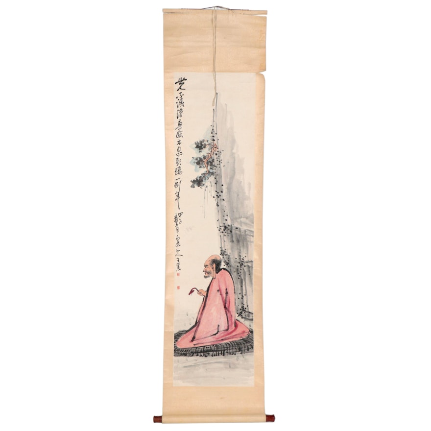 Chinese Gouache Painting of Philosopher on Hanging Scroll