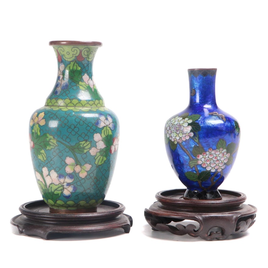 Chinese Cloisonné Lotus Motif Vase with Japanese Ginbari Cloisonné Bud Vase