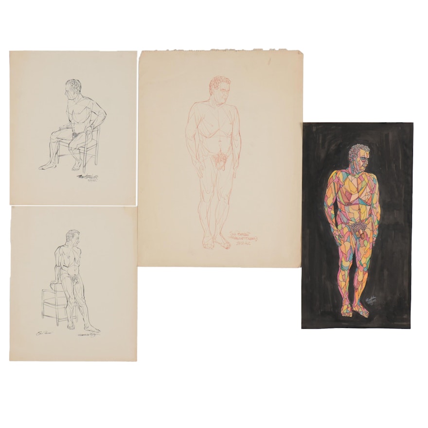 Franklin Folger Ink and Mixed Media Drawings "Self Portrait," 1962