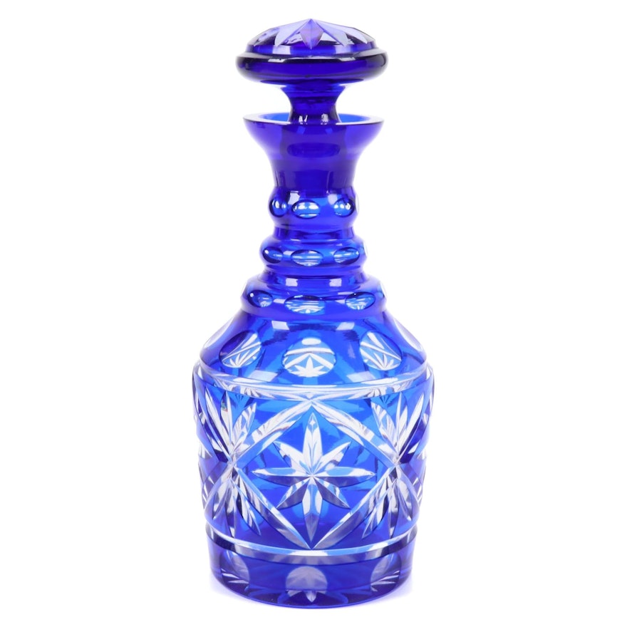 Bohemian Cobalt Blue Cut To Clear Glass Decanter, Mid to Late 20th Century