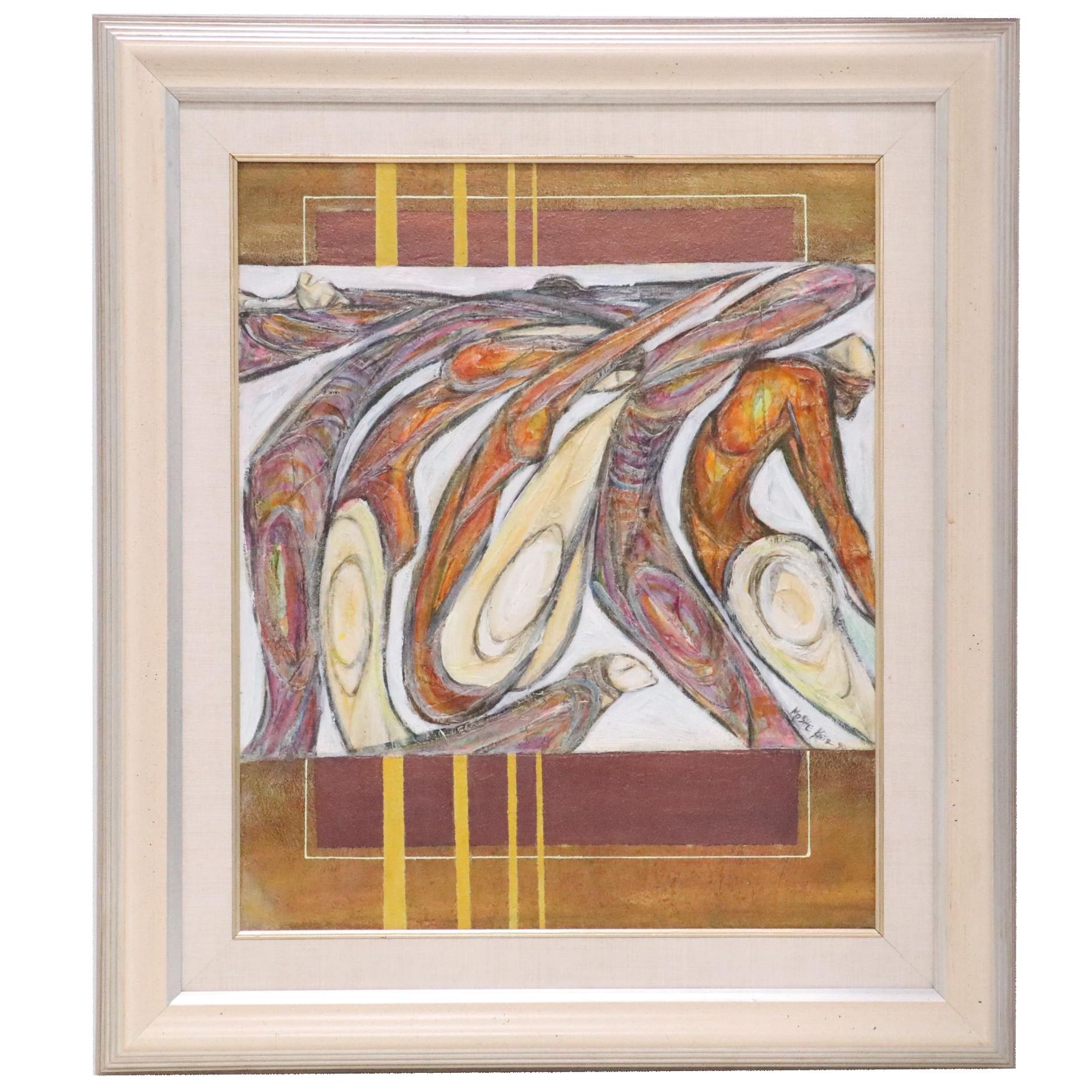 Moshe Katz Abstract Figural Mixed Media Painting, 1990