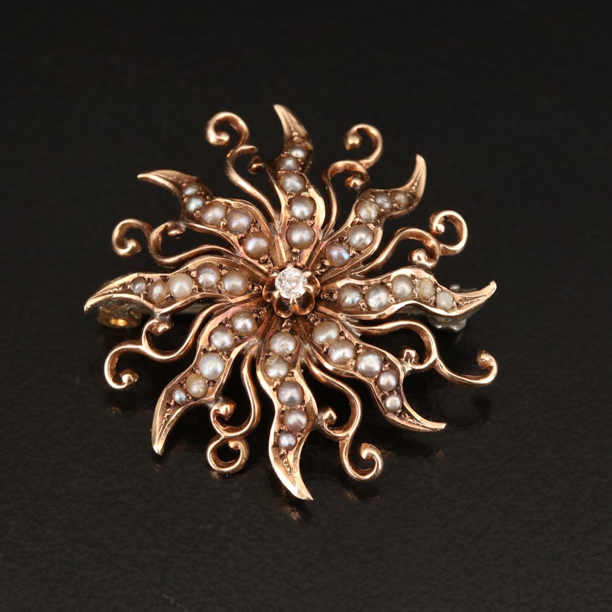 Antique 10K Diamond and Seed Pearl Sunburst Brooch