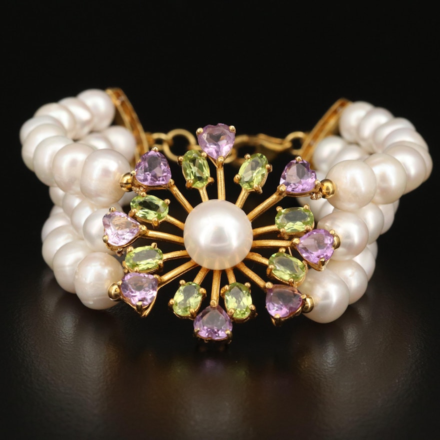 Triple Strand Pearl Bracelet with Sterling, Peridot and Amethyst Clasp