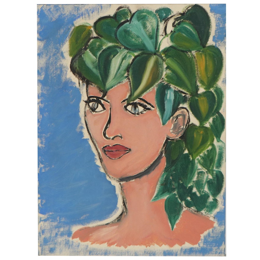 Portrait Oil Painting with Vines, Mid-20th Century