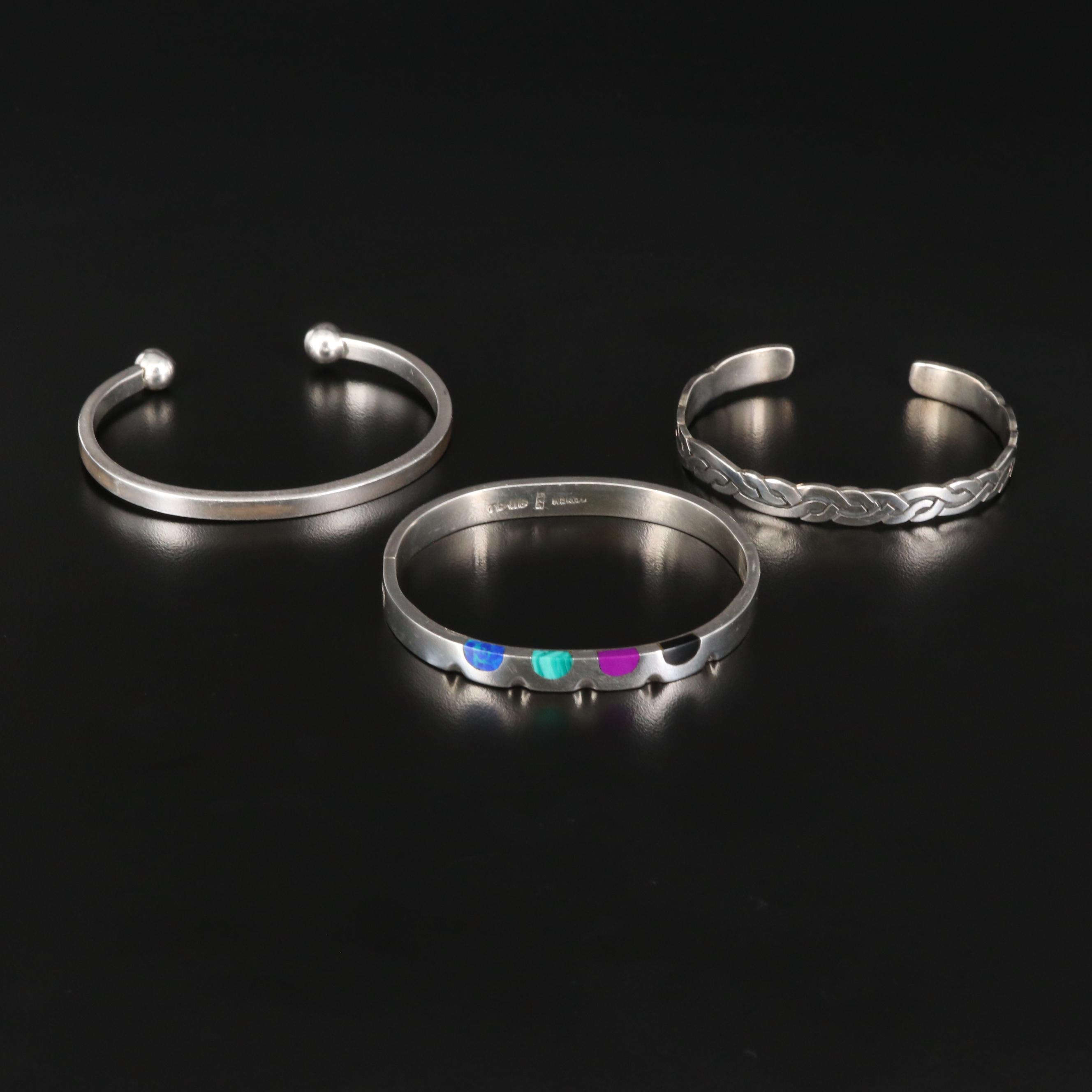 Sterling Silver Cuffs and Hinged Bangle with Faux Gemstone Inlay