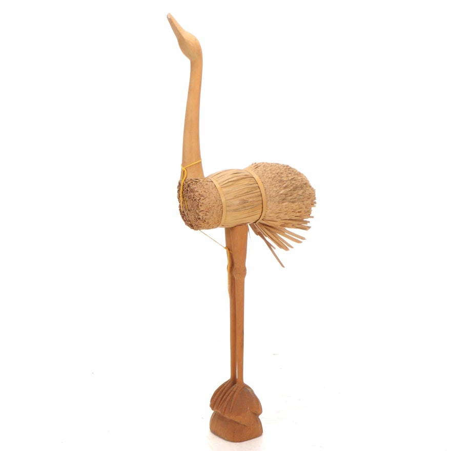 Carved Wood and Bundled Straw Ostrich Statue