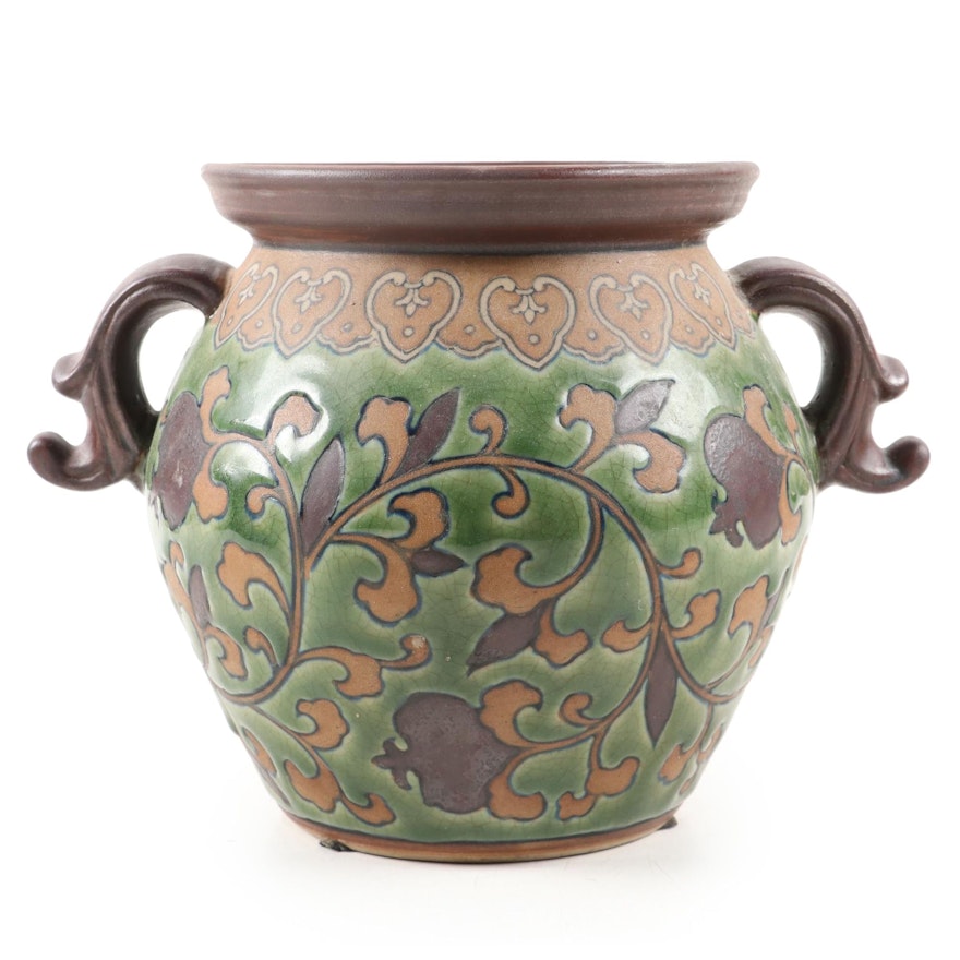 Earthenware Handled Planter with Leaf and Vine Motif, 21st Century