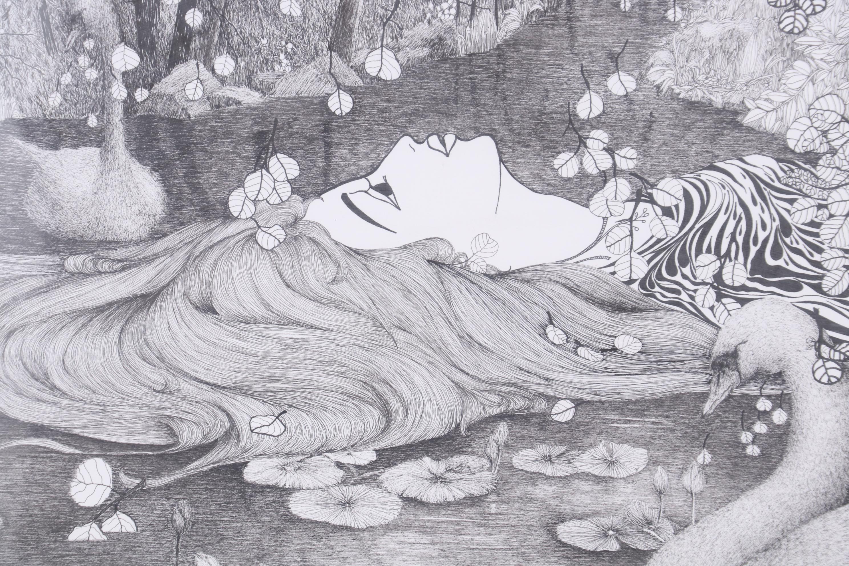 Thuthuy Tran Ink Drawing "Ophelia Floats Along the River," 2013