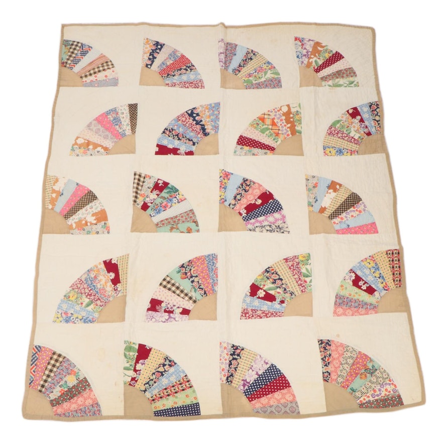 Handmade "Grandmother's Fan" Twin Quilt with Dairy Feed Sacks