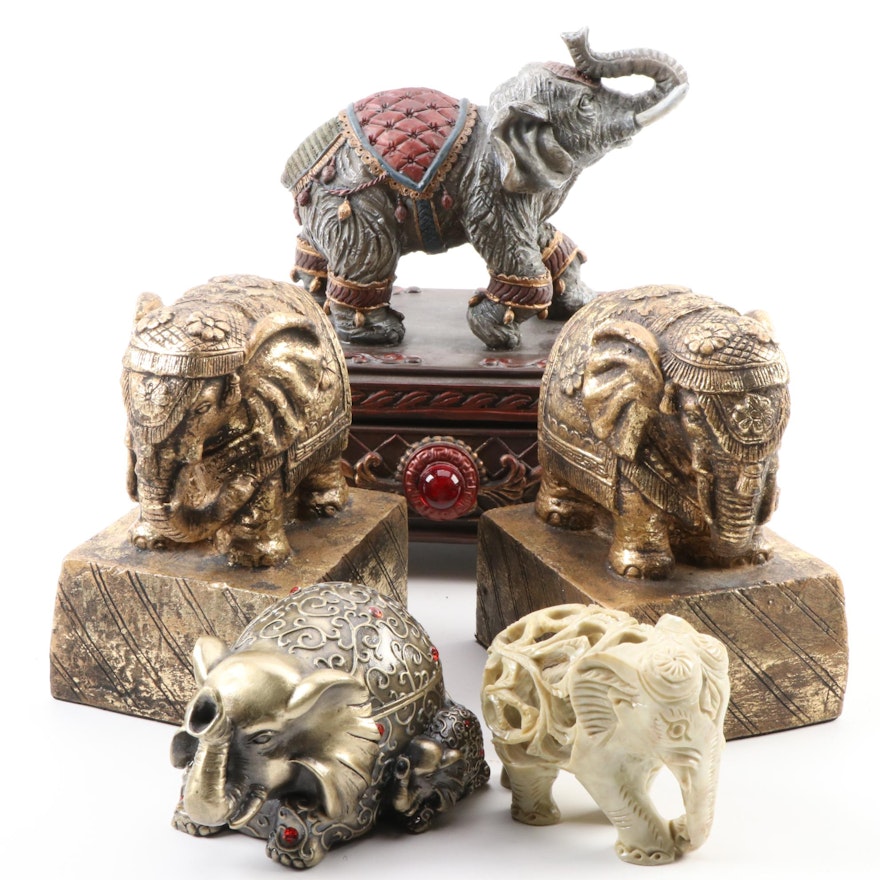 Chinese Soapstone Elephant Figurine with Bookends, and Other Elephant Form Décor