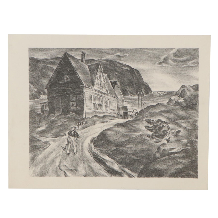 Arthur Helwig Lithograph of New England Coastal Residence, circa 1935