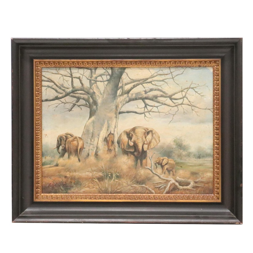 Oil Painting of Elephants, Mid to Late 20th Century