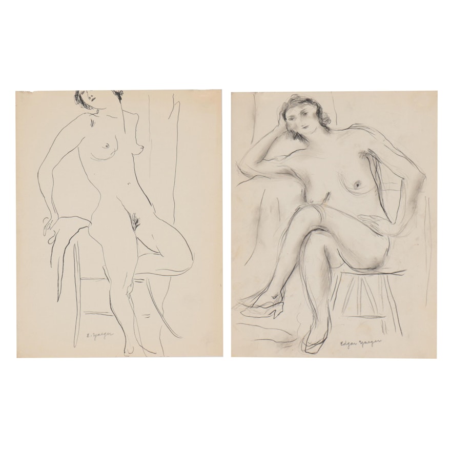 Edgar Yaeger Ink and Charcoal Study of Female Nudes, Mid-20th Century