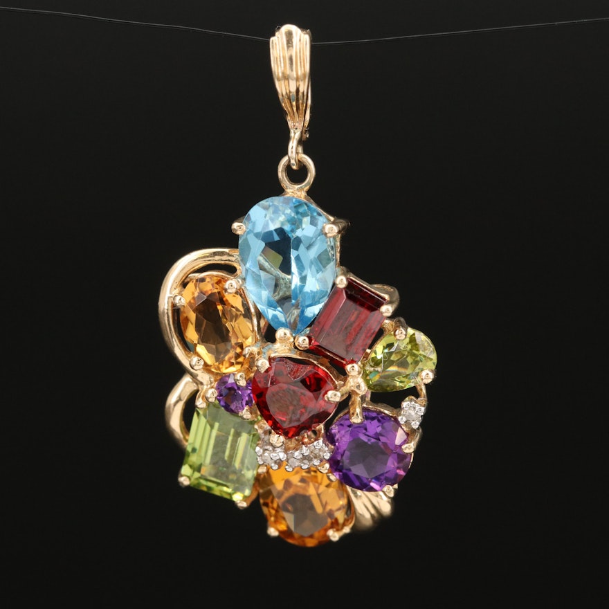 14K Multi-Gemstone and Diamond Enhancer Pendant