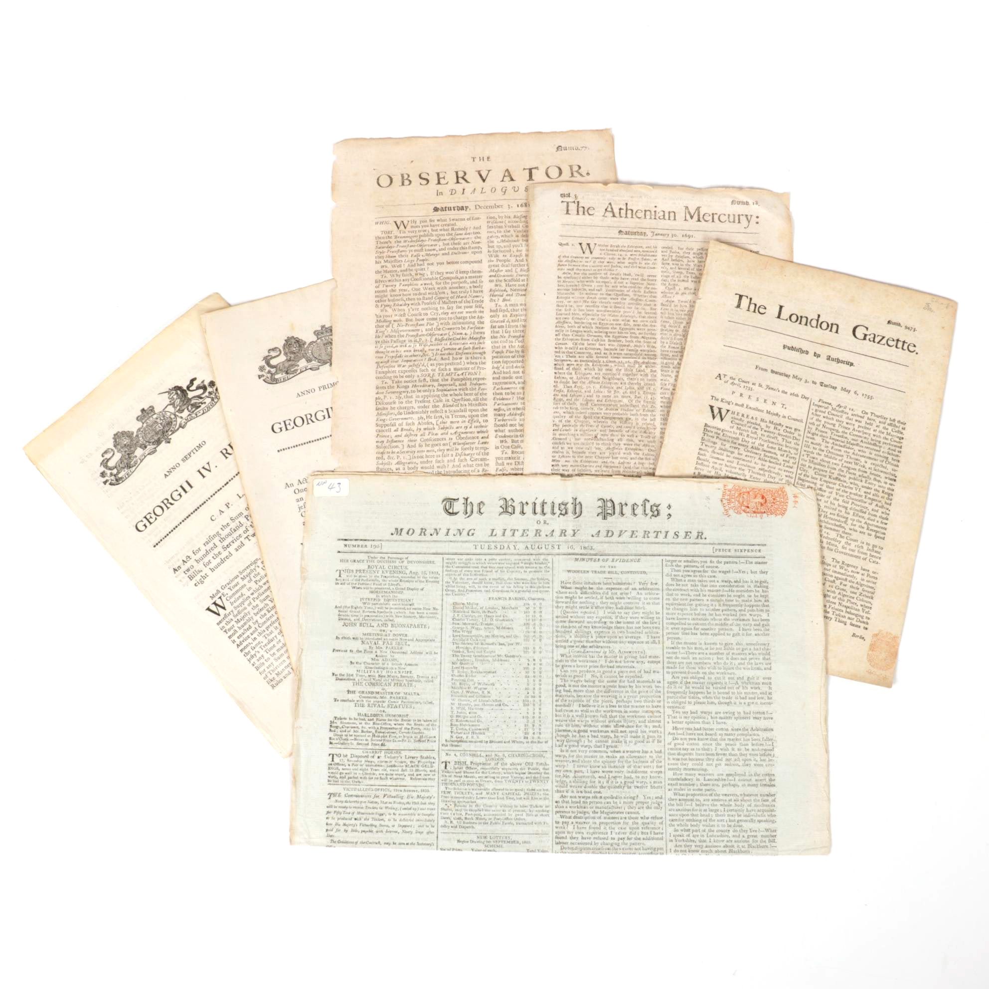 U.K. Political Pamphlets, Newspapers, and Acts of Parliment, 17th - 19th Century