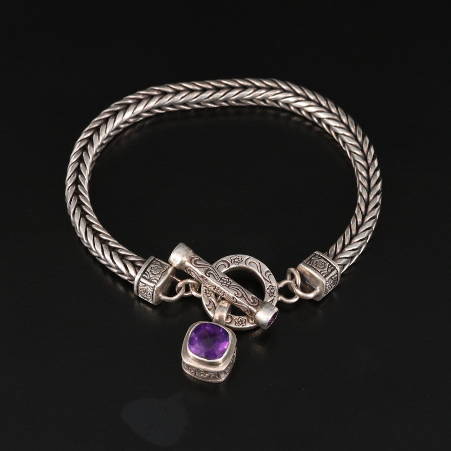 Sterling Foxtail Chain Bracelet with Amethyst Drop