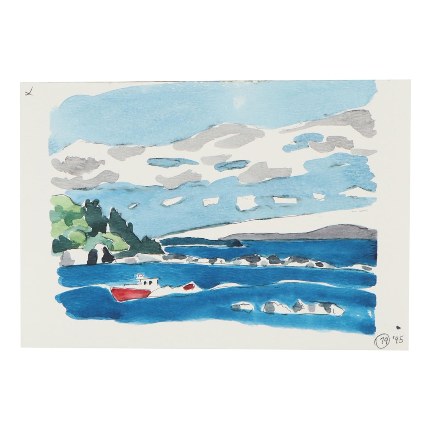 Robert Herrmann Watercolor Painting of Boat Near a Rocky Shore, 1995