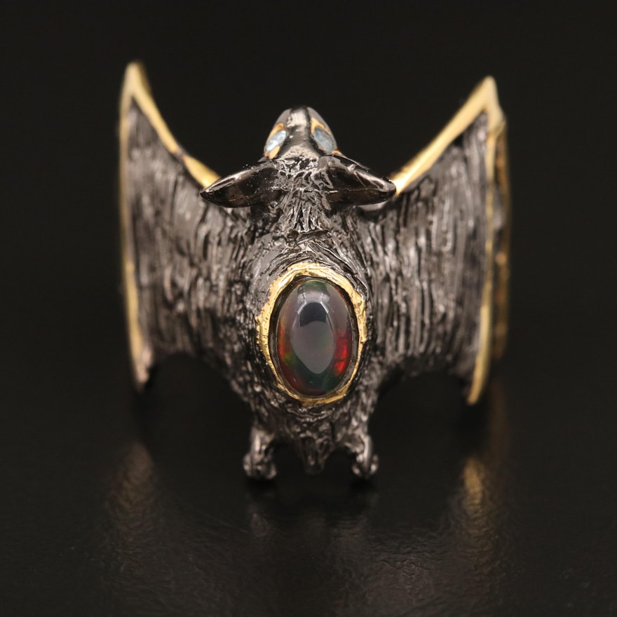 Sterling Silver Opal and Sapphire Bat Ring
