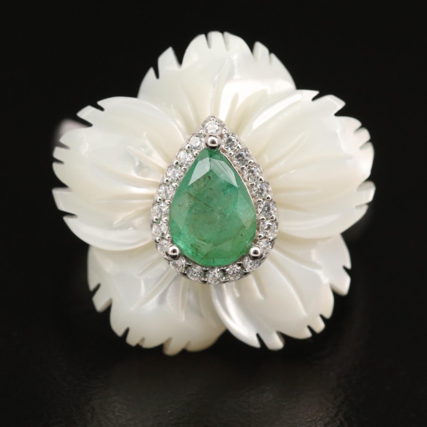 Sterling Emerald and Carved Mother of Pearl Flower Ring