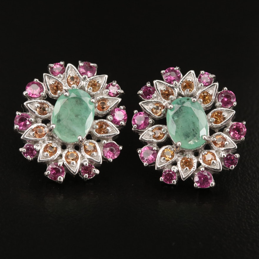 Sterling Silver Emerald, Sapphire and Garnet Earrings