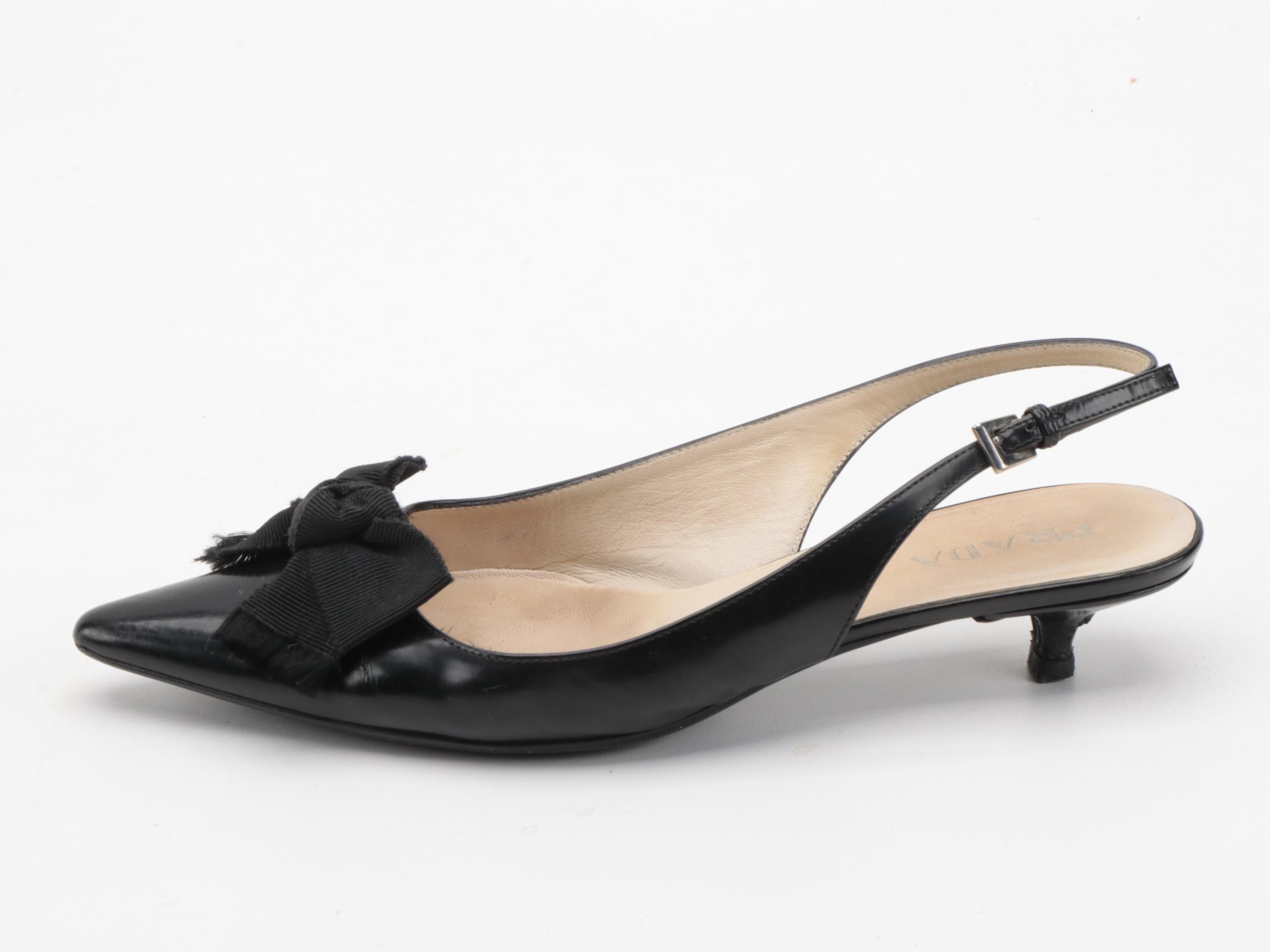 Prada Bow Accented Black Leather Slingback Kitten Heels