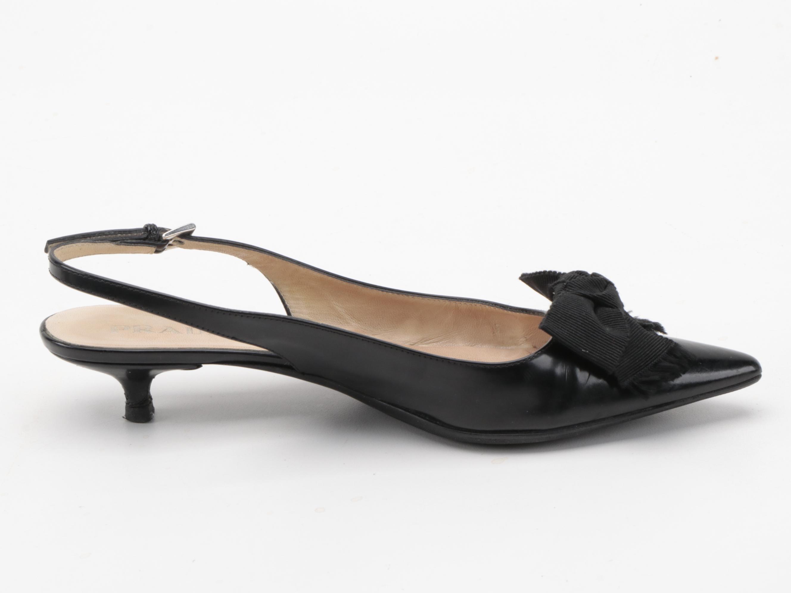 Prada Bow Accented Black Leather Slingback Kitten Heels
