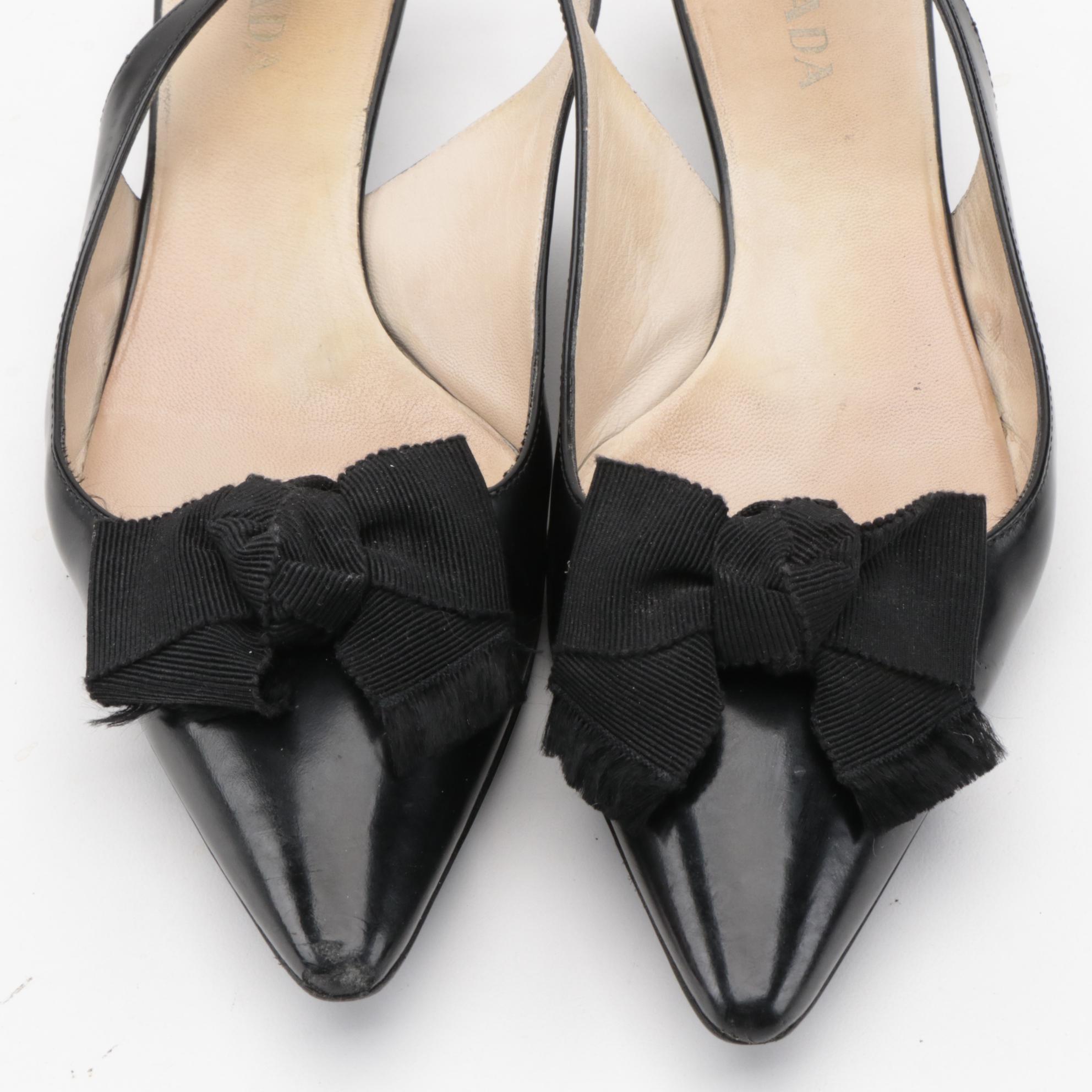 Prada Bow Accented Black Leather Slingback Kitten Heels