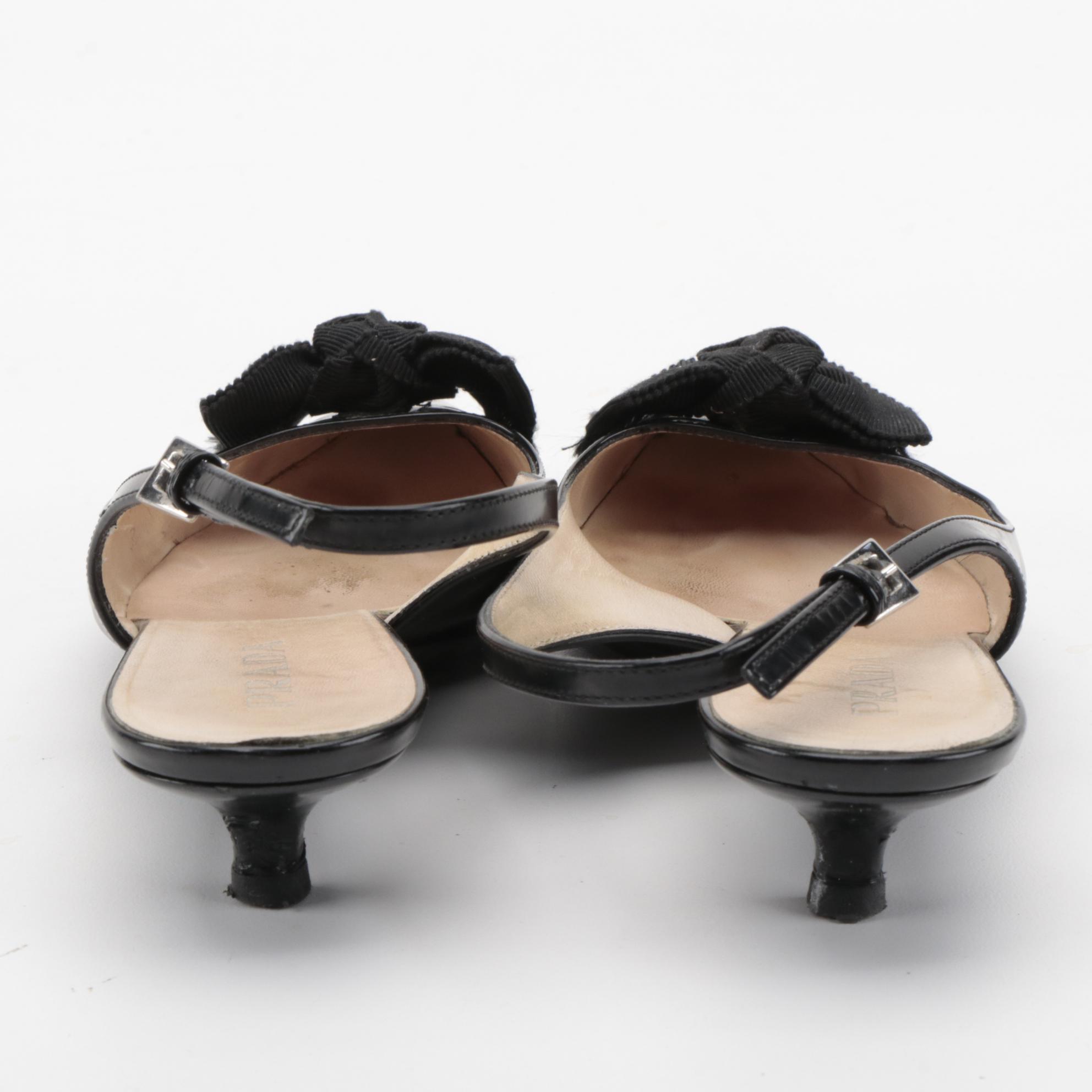Prada Bow Accented Black Leather Slingback Kitten Heels