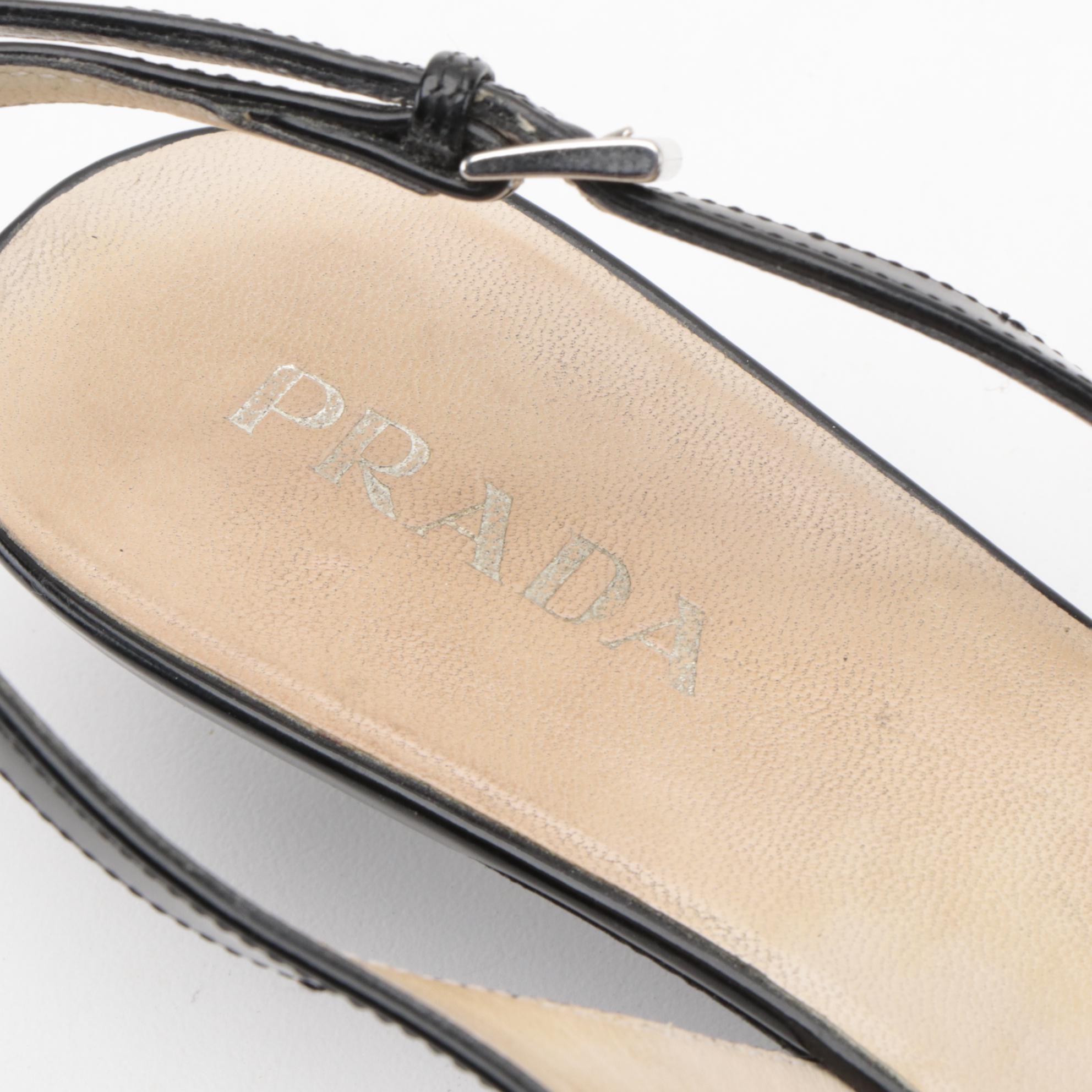 Prada Bow Accented Black Leather Slingback Kitten Heels