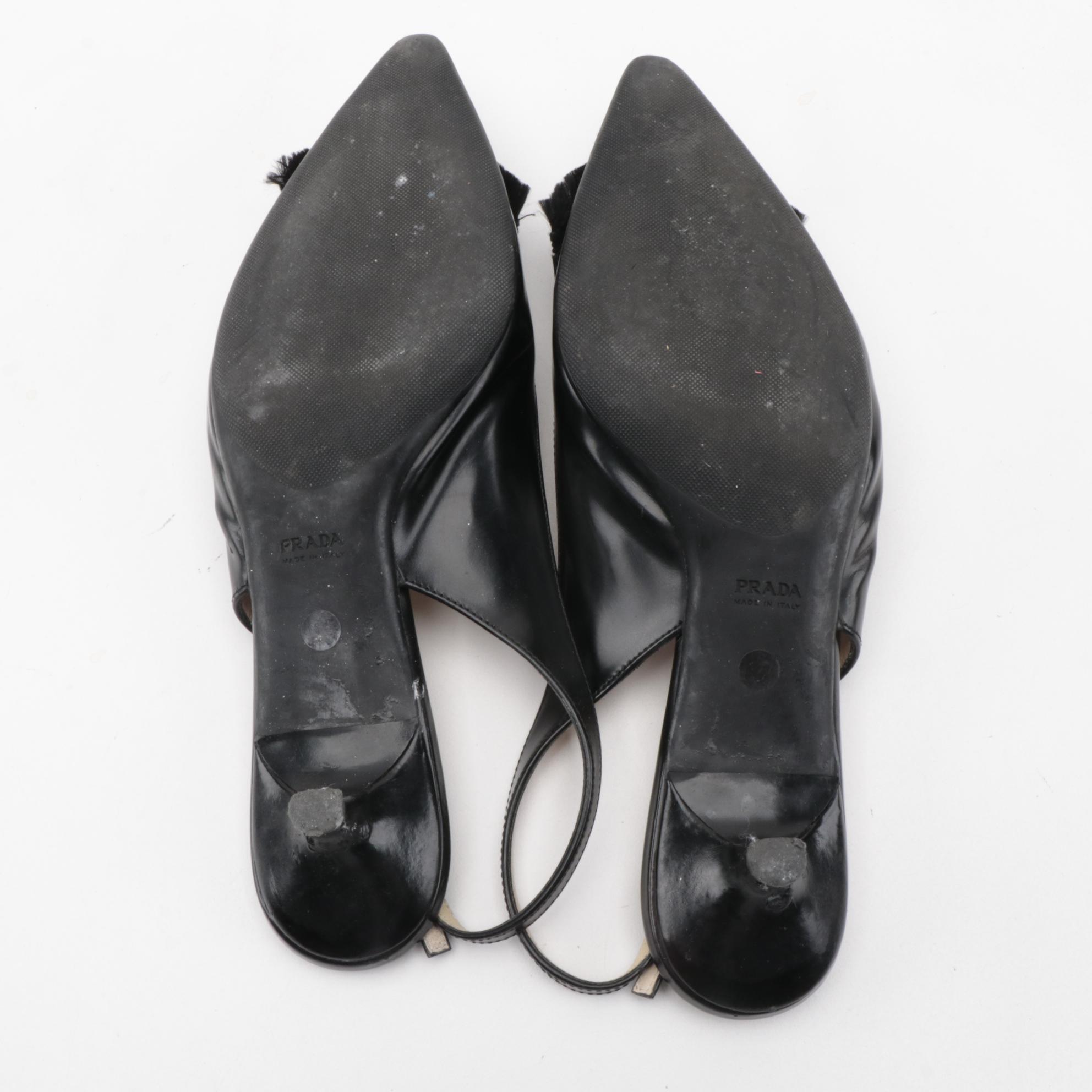 Prada Bow Accented Black Leather Slingback Kitten Heels