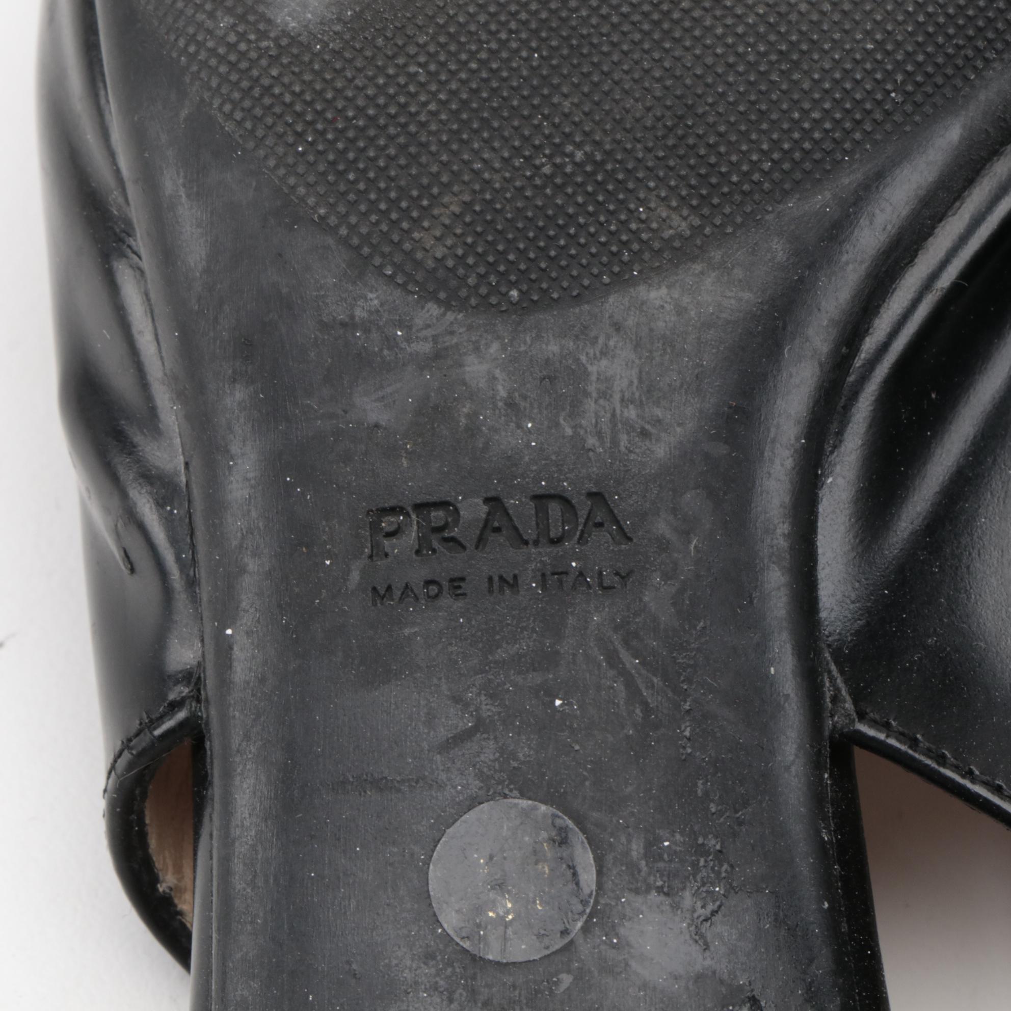Prada Bow Accented Black Leather Slingback Kitten Heels