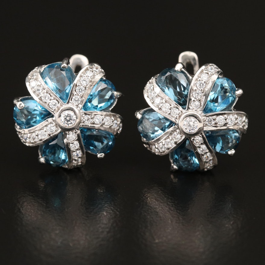 Sterling Topaz Floral Motif Earrings with Cubic Zirconia Accents