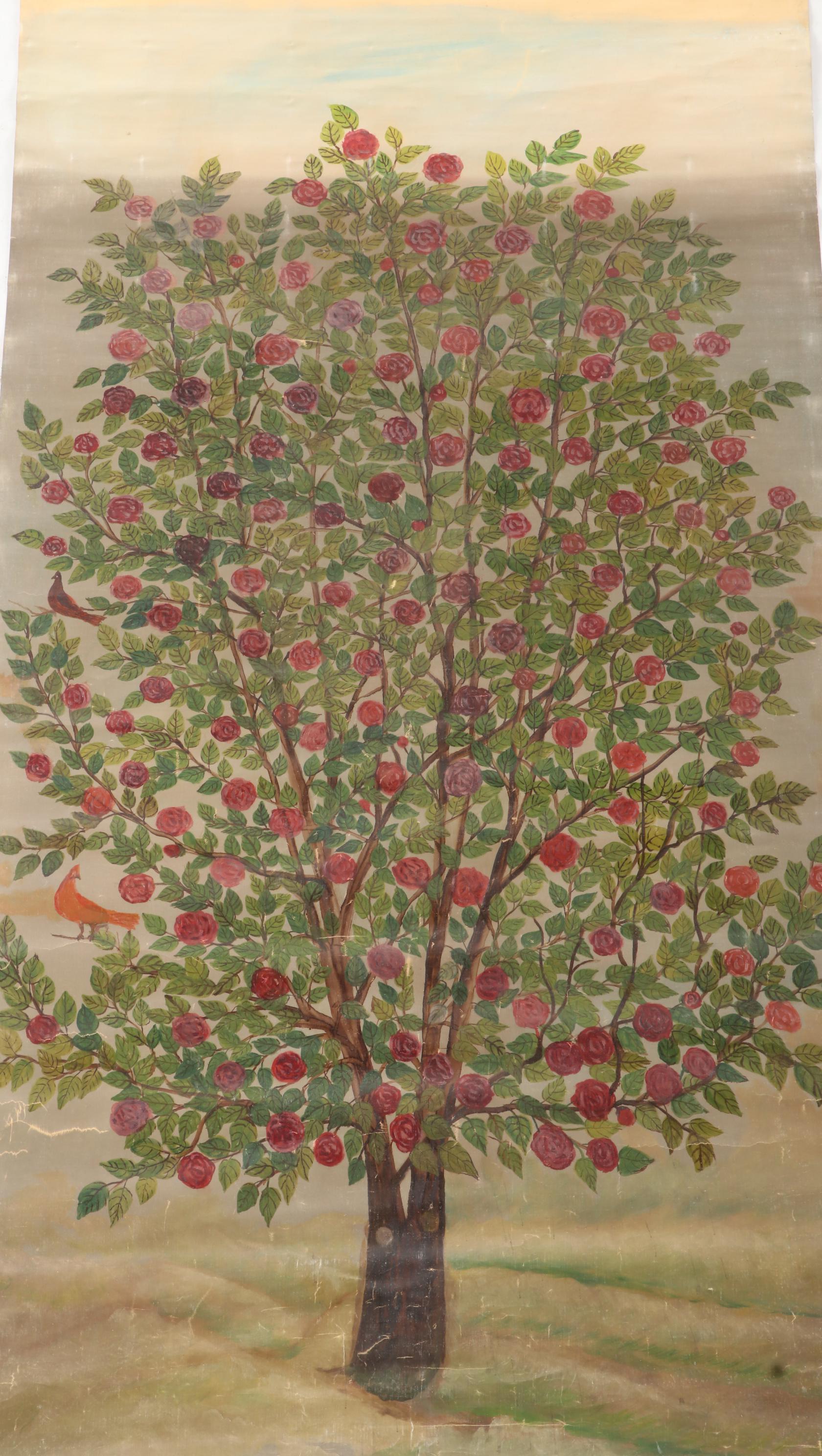 Frederich Wagener Oil Painting on Scroll of Blossoming Tree, Late 20th Century