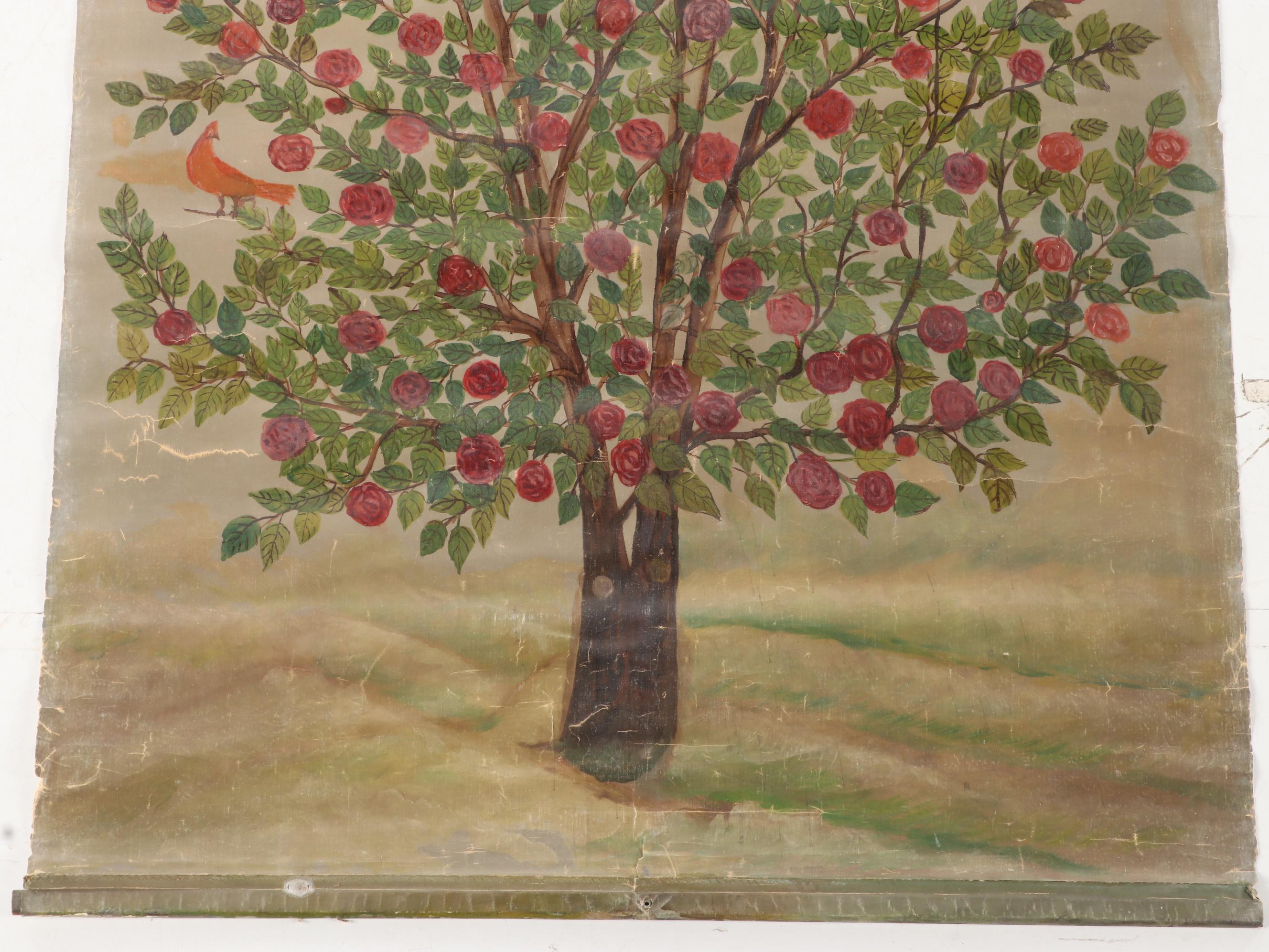 Frederich Wagener Oil Painting on Scroll of Blossoming Tree, Late 20th Century